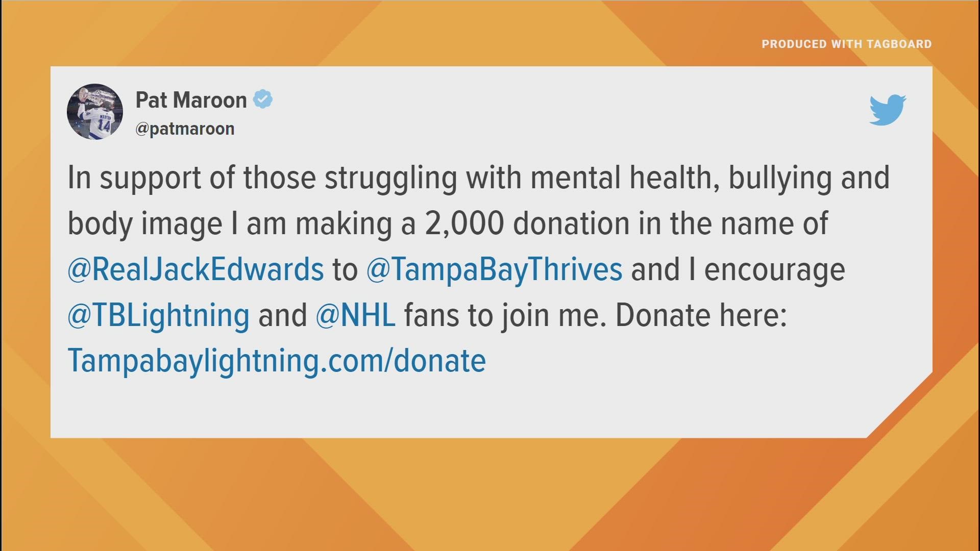 St. Louis native and former Blues player Patrick "Pat" Maroon responded with a charitable gesture after a broadcaster mocked his weight Tuesday night.