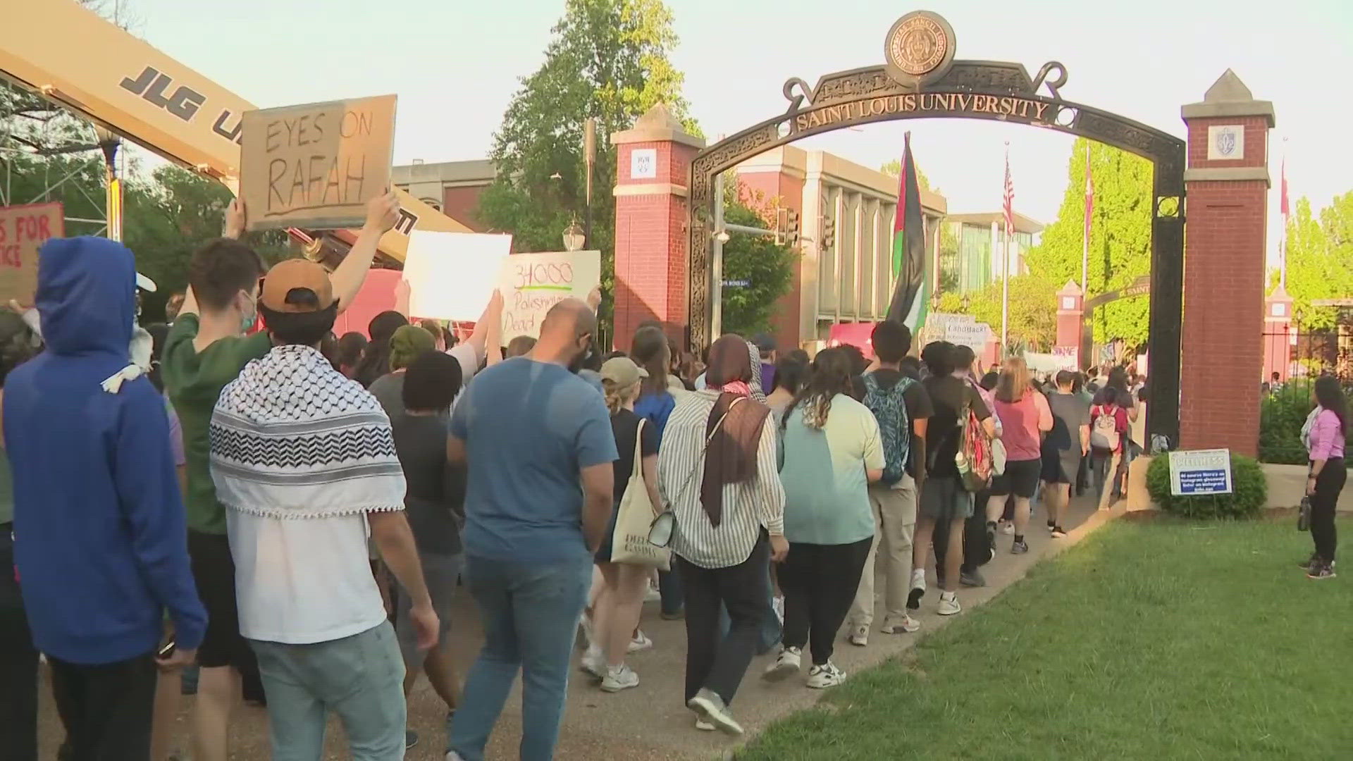 For more than two hours, Pro-Palestinian protesters demonstrated and marched across Saint Louis University's campus. Their messages were loud and clear.