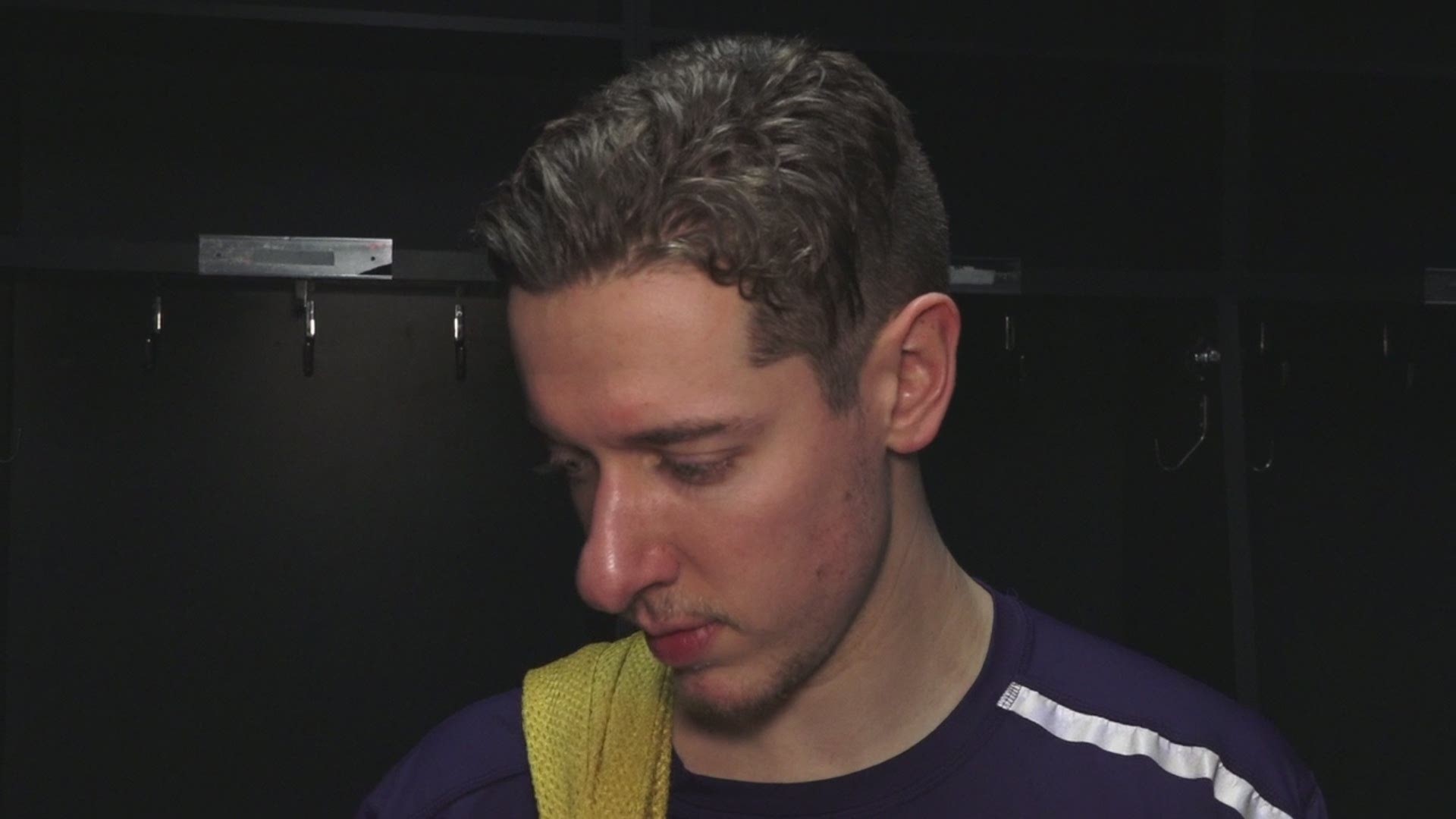 Goalie Jordan Binnington talks to the media after the Blues beat the Kings 4-1 in LA. It was the Blues' sixth-straight win. Courtesy: Blue Note Productions