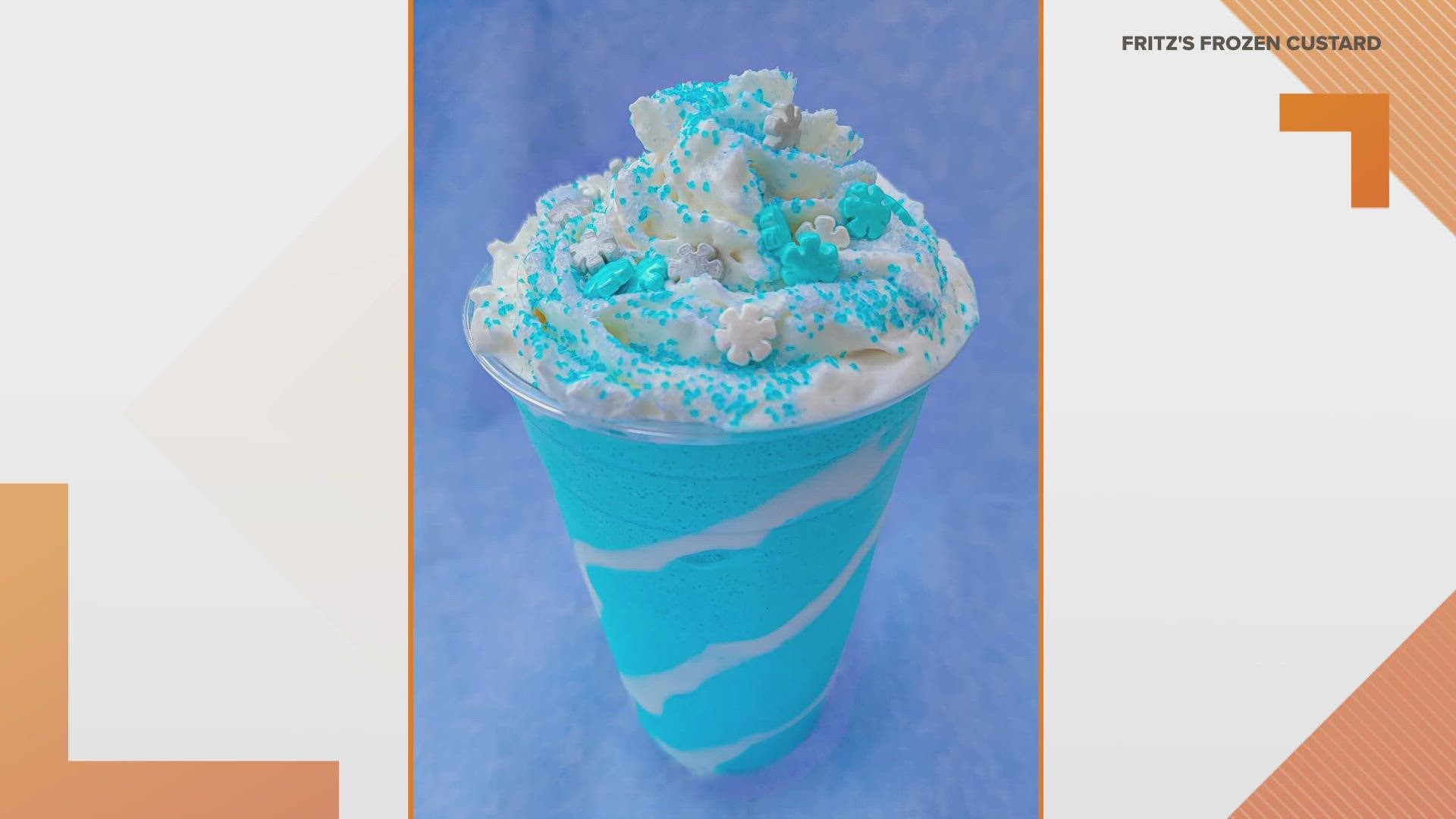The "Winter Turbo" is vanilla custard mixed with icy blue raspberry slush and topped with a winter mix of whipped cream and snow crystals.