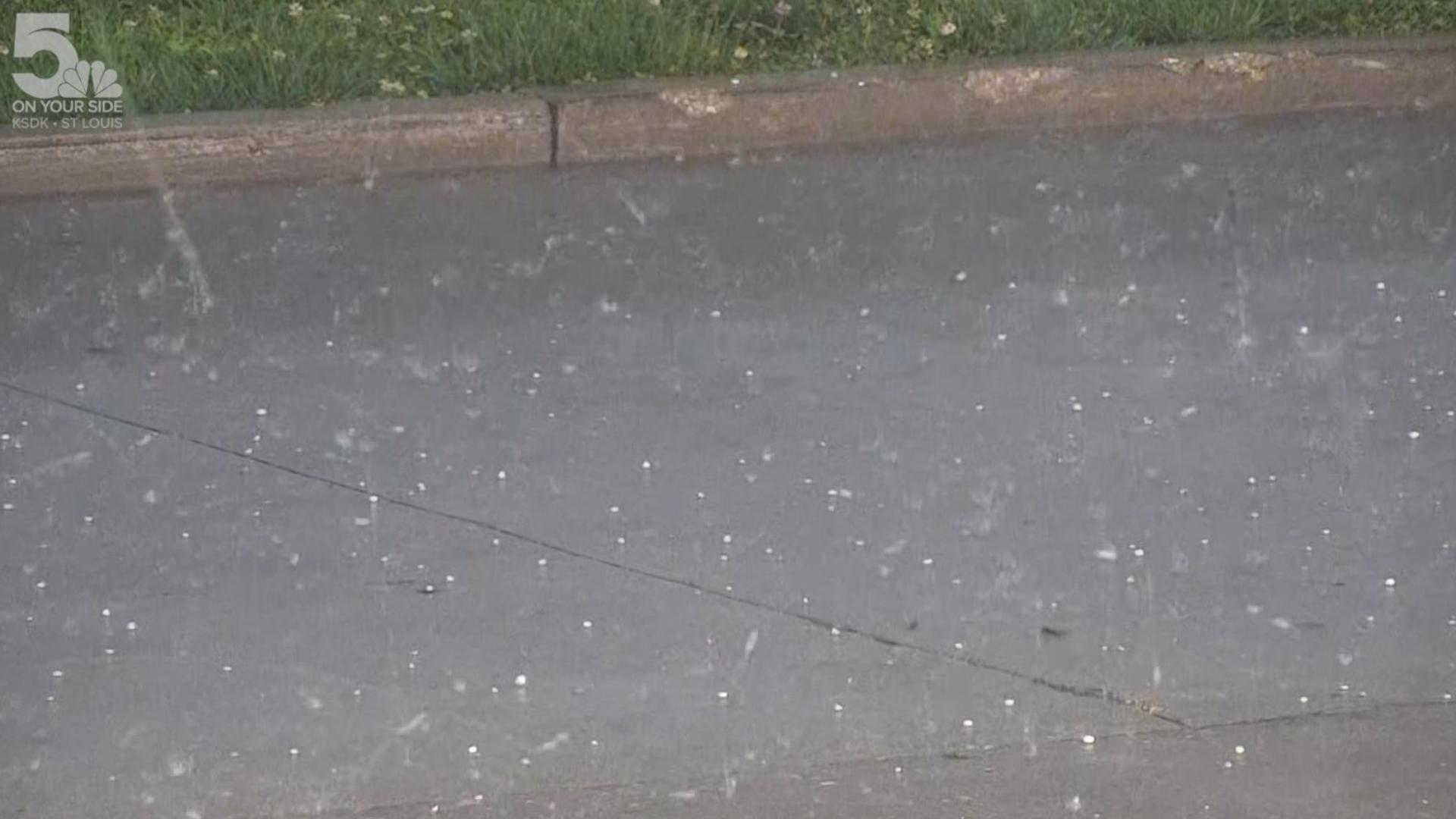 Video from the 5 On Your Side Storm Tracker shows hail in the Jefferson County, Missouri, area. Storms hit the St. Louis region throughout the day Wednesday.