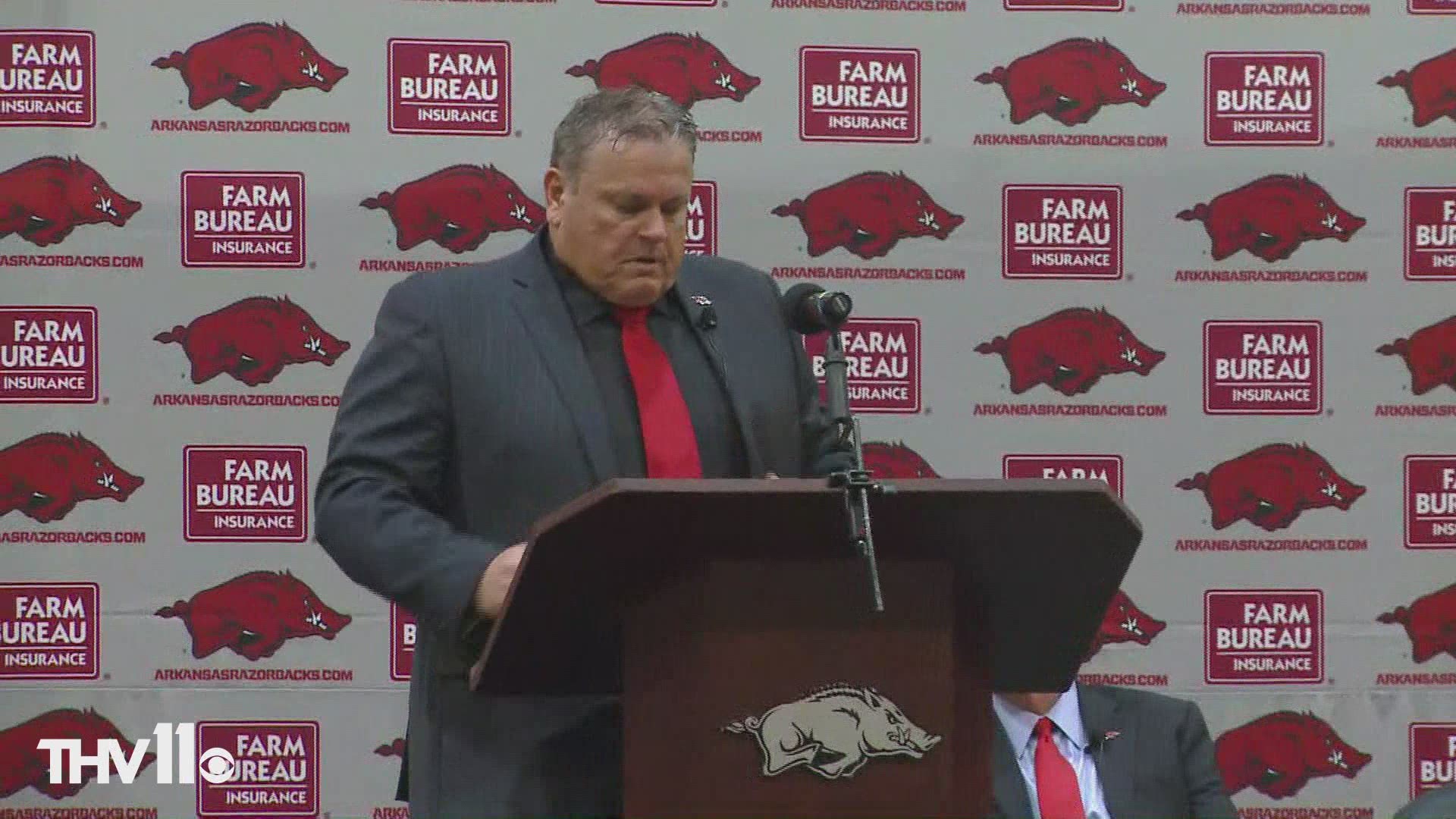 Coach Sam Pittman gets emotional while explaining how much the Razorbacks mean to him.