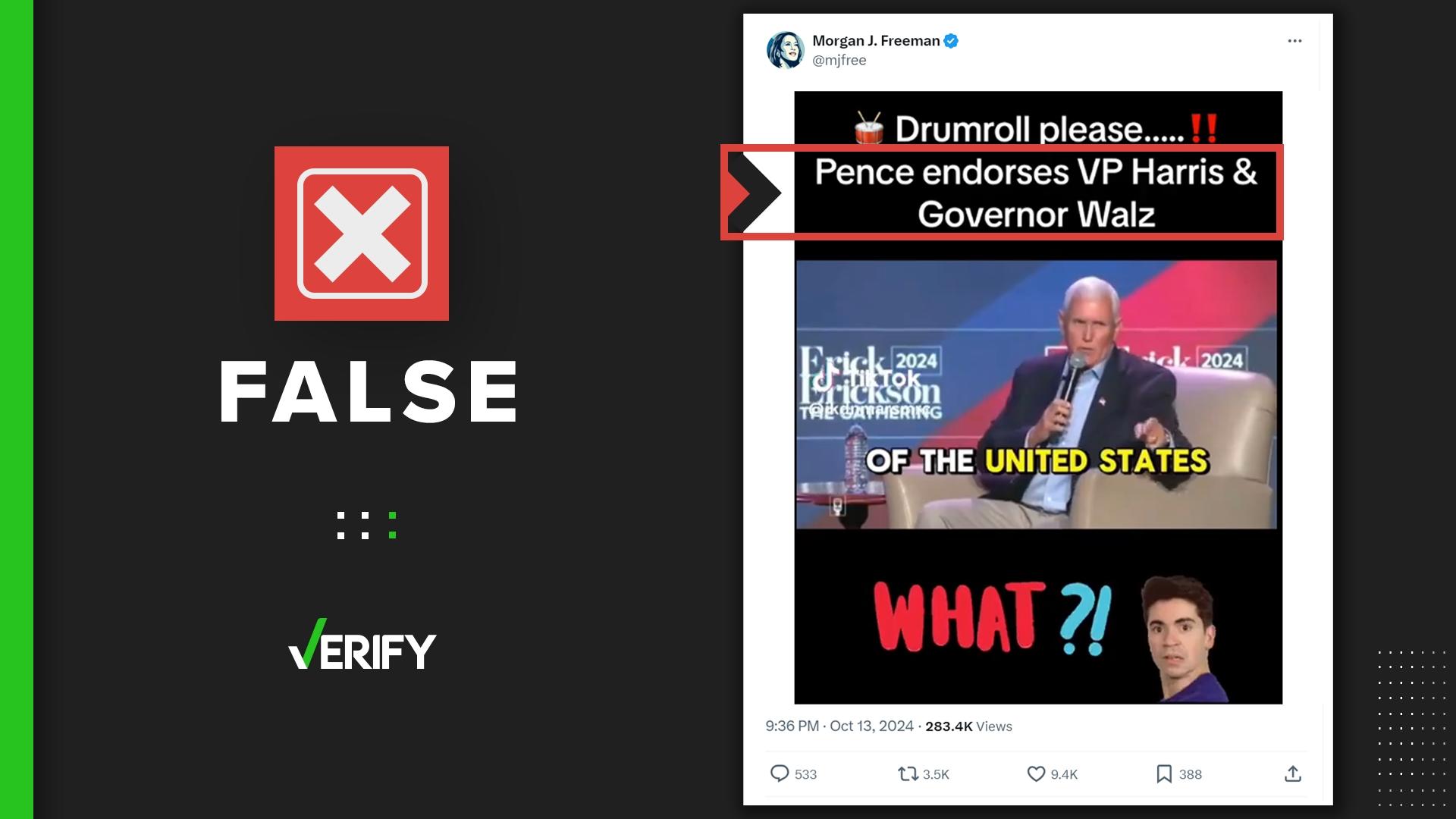 In the original unedited video, former Vice President Mike Pence actually said he “could never vote” for Harris or her running mate, Minnesota Gov. Tim Walz.