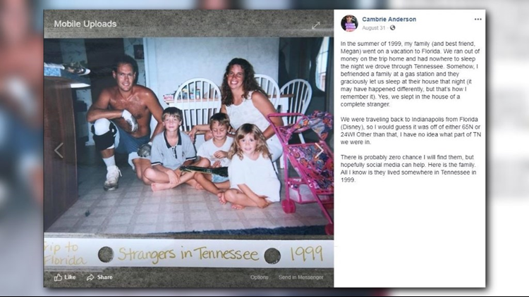 Woman on mission to find Tennessee family who helped her in 1999
