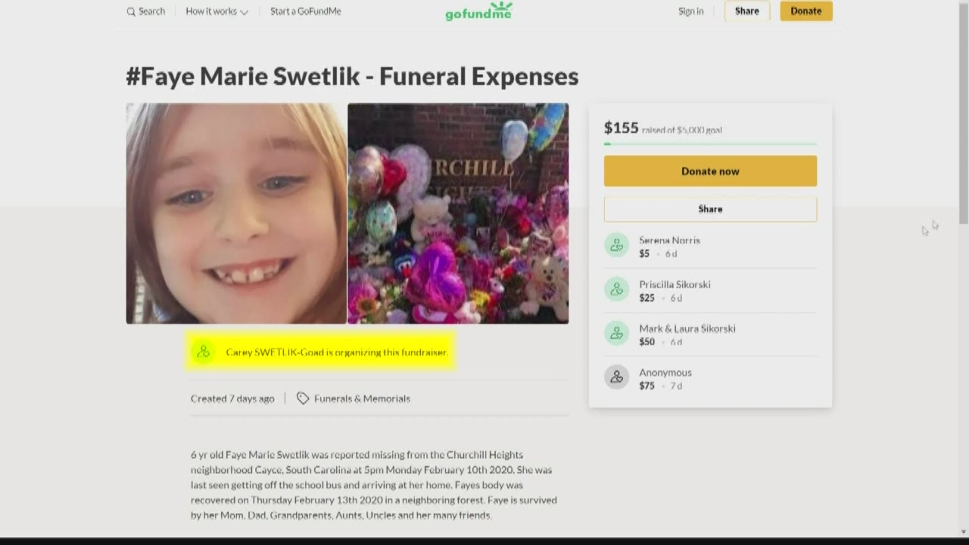 Which Gofundme Account Will Go To Faye Swetlik S Family Ksdk Com