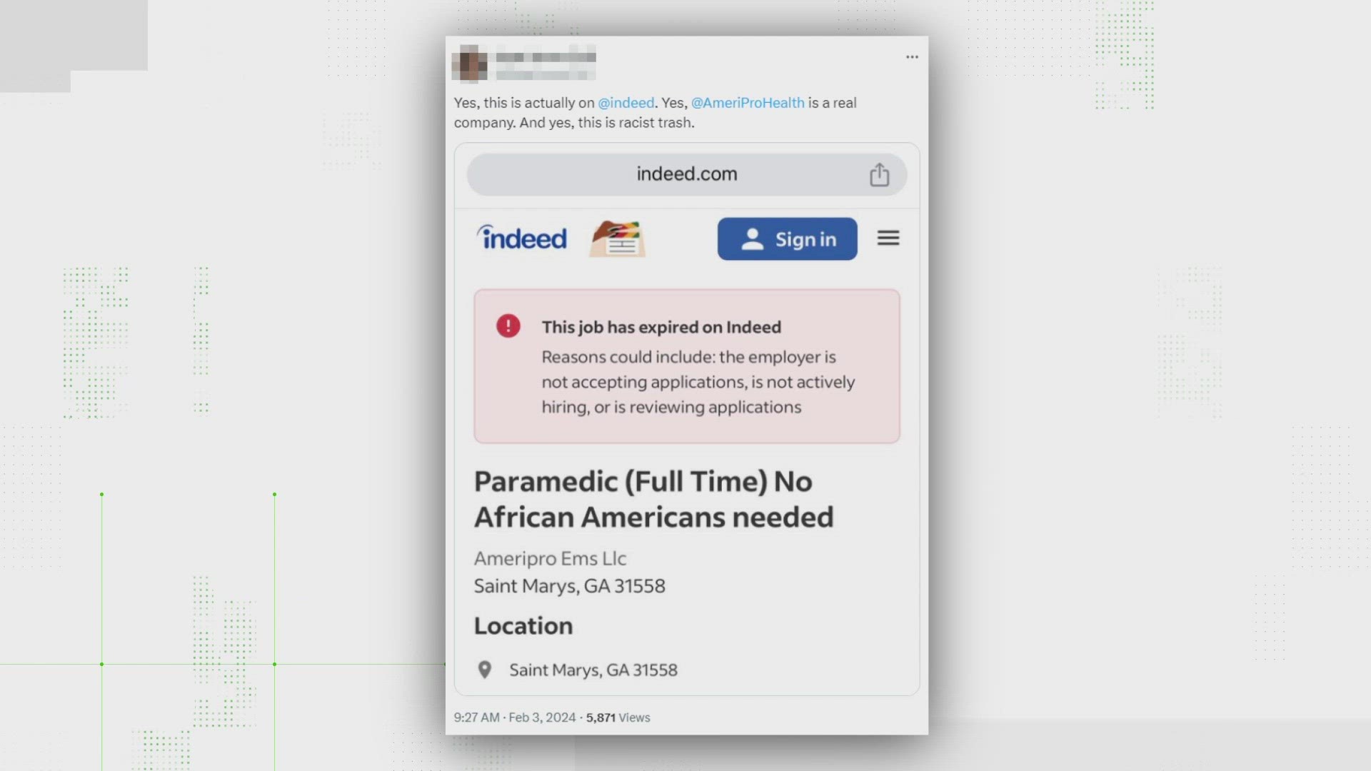 A Georgia-based healthcare company said a racist job ad was maliciously put on its website and posted on Indeed. Indeed said it was "promptly removed."
