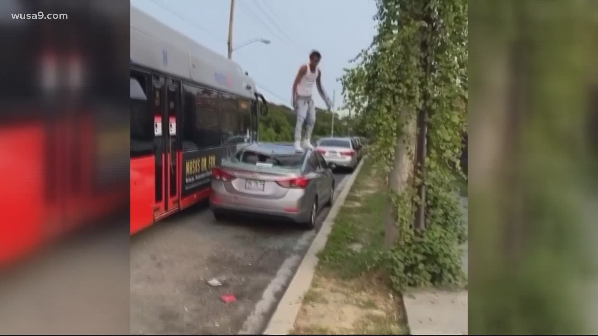 The viral video shows a man dancing on top of a Metro bus and jumping onto a parked car below, shattering the back windshield.